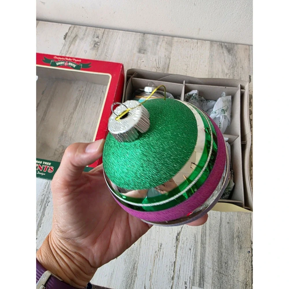 Vintage shiny brite jumbo ornament stencil toy striped set Xmas tree tournaments